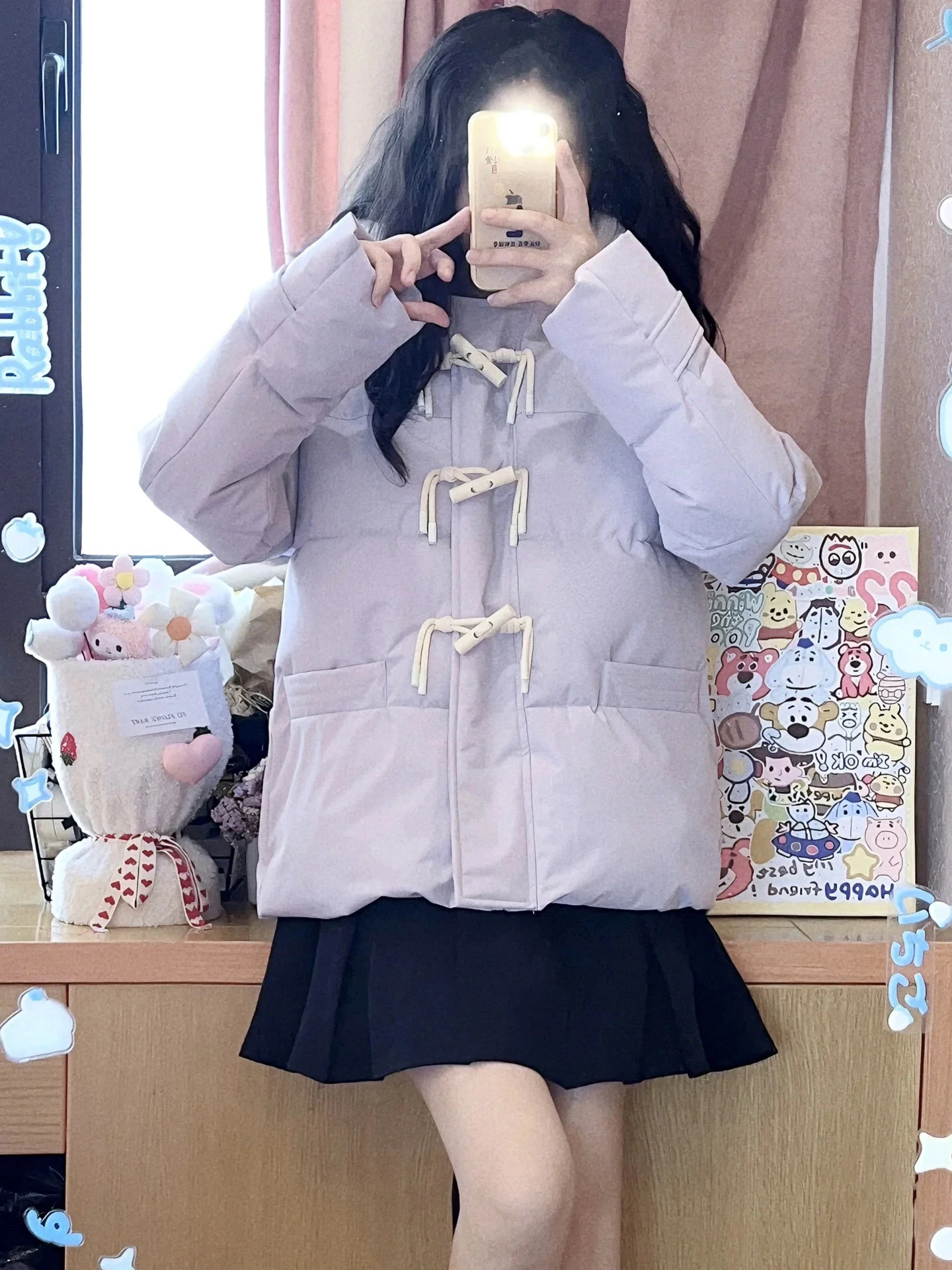 블루 루즈핏 퍼퍼 재킷, 큰 퍼 칼라, 티엔드 브레드 슬레 여성 겨울 코트, 한국 스타일 버튼 디테일