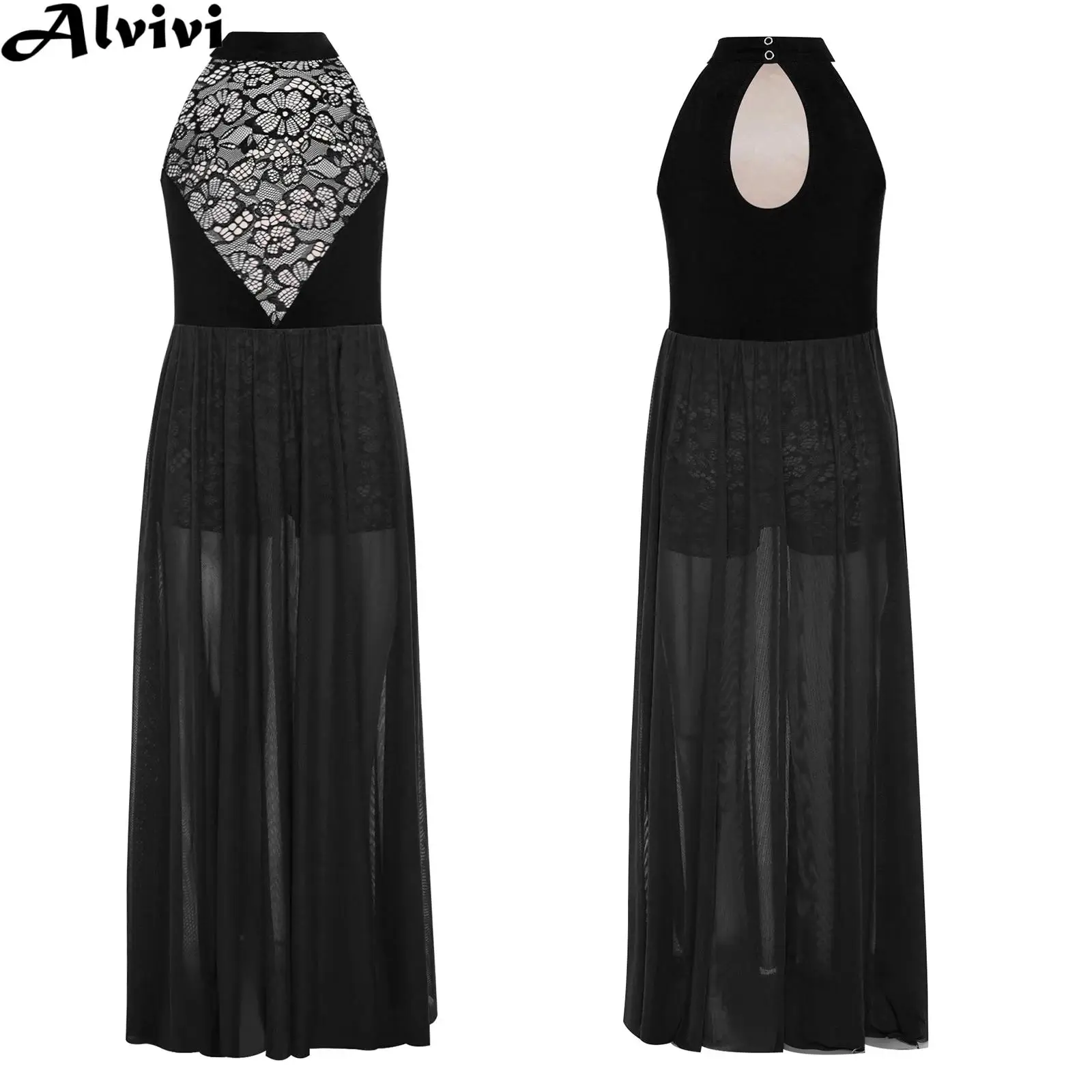 

Children Girls Sleeveless Lace Mesh Modern Lyrical Dance Leotard Dress Figure Skating Gymnastics Acrobatics Performance Costume