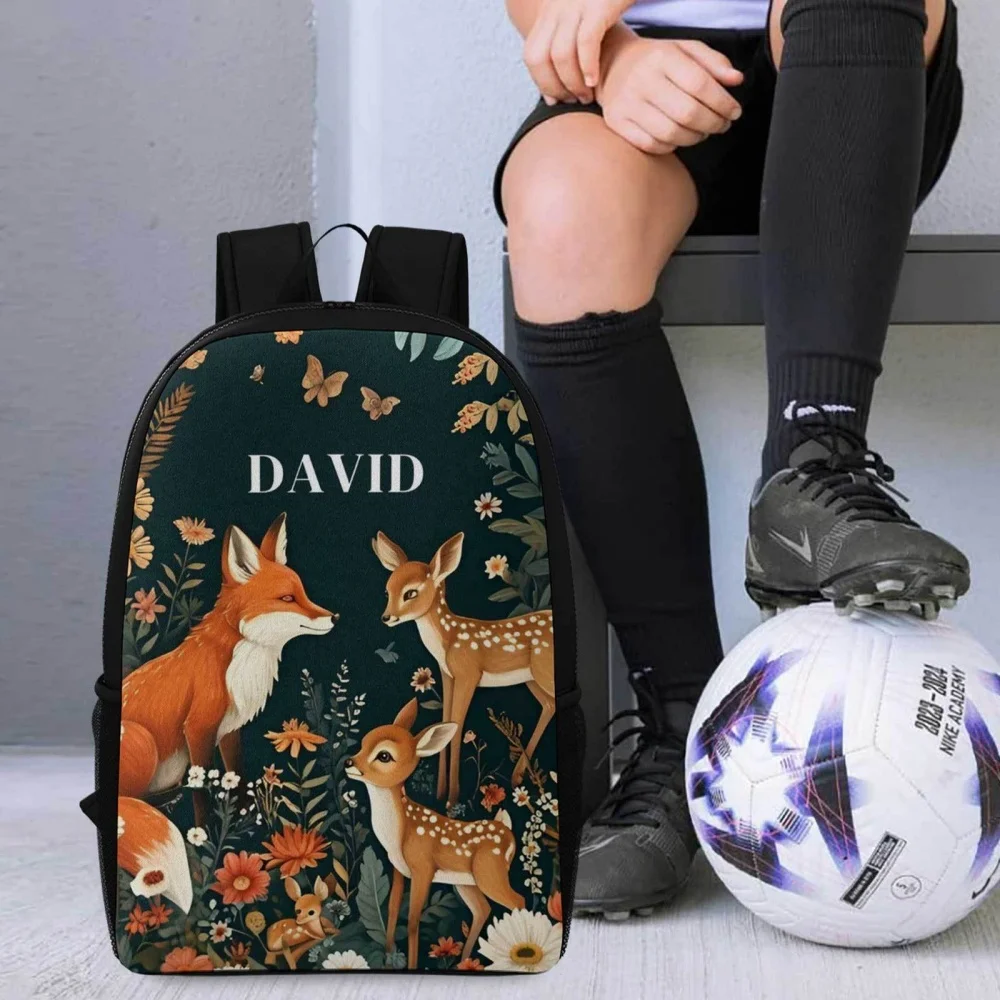 Custom Name Woodland Fox Deer Print Backpack Personalized Large Capacity Casual School Travel Bookbag for Children