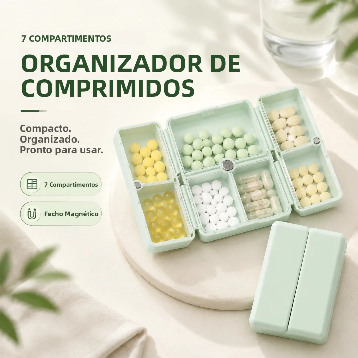 Organizador de comprimidos com 7 compartimentos, fecho magnético, dobrável, caixa de comprimidos para viagem, caixa de armazenamento de suplementos vitamínicos, organizador portátil de medicamentos