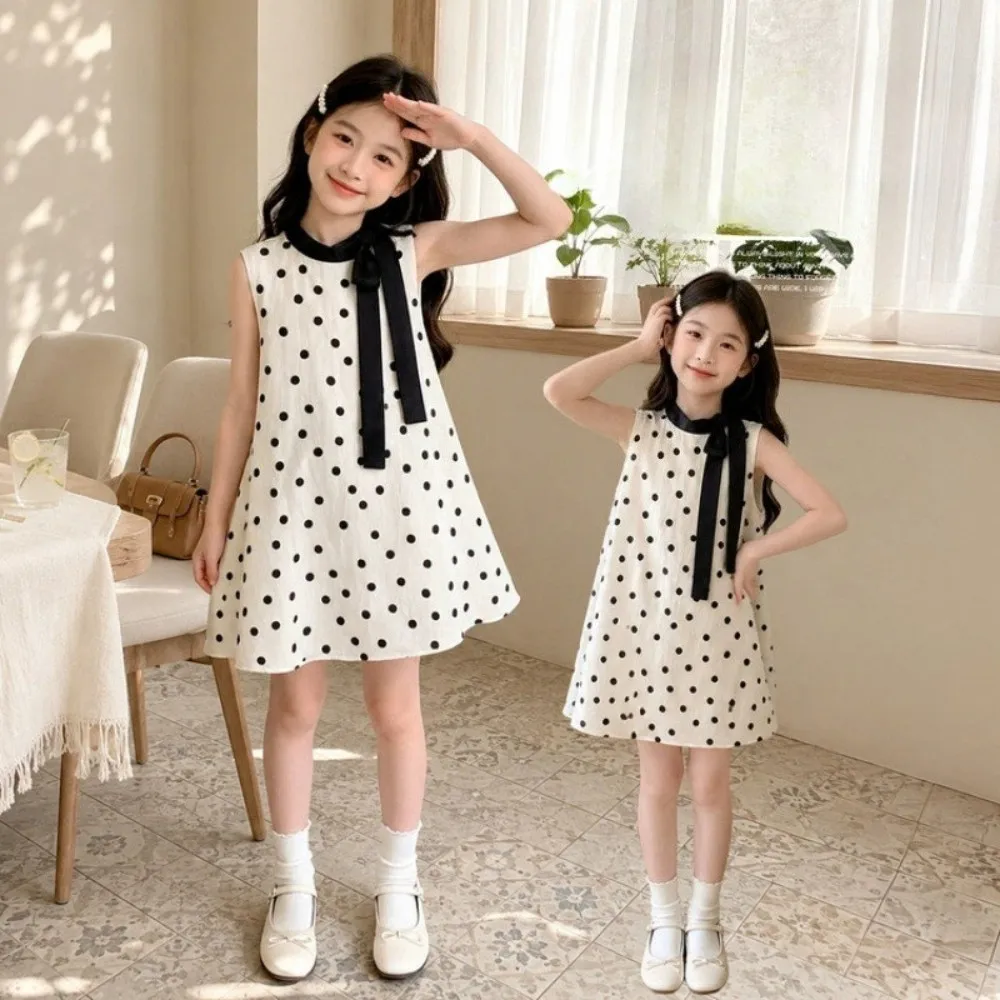 2-7-year-old Girl Casual Round Neck Bow Polka Dot Sleeveless Dress Korean Version Fashionable Daily Wear Summer New