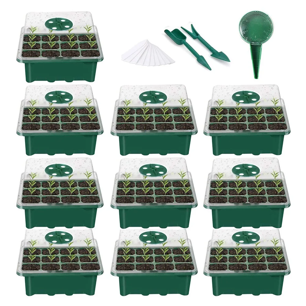 

10 Pack Seed Starter Trays Plant Germination Kit with Humidity Adjustable Dome and Base Include Sowing Seeds Dispenser