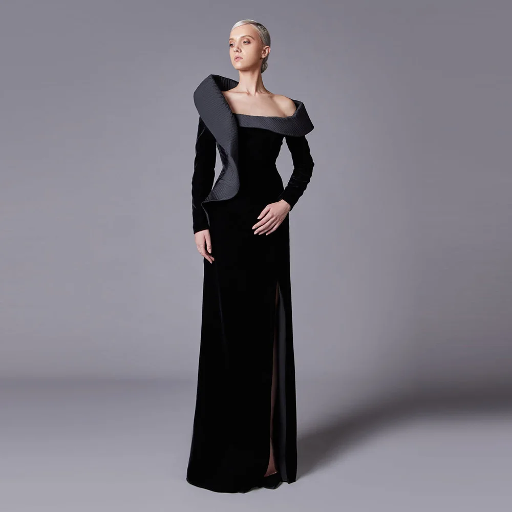 

Long Velvet Evening Dress For Sexy Women Vestidos de festa Elegant Ruched Formal Off The Shoulder Cocktail Party Prom Gown