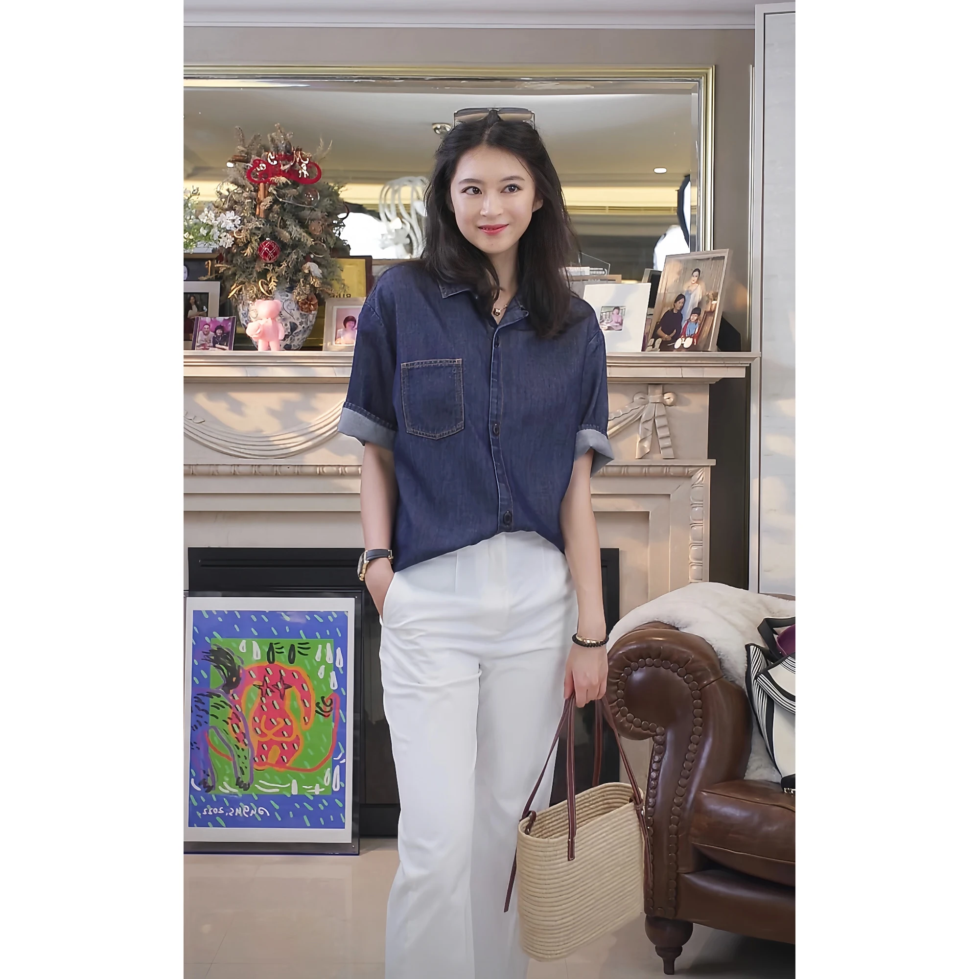 

Casual Cotton Lyocell Denim irt Versatile Spring Summer Original Design Loose Fit Women's ort Sve Button up Pure Color