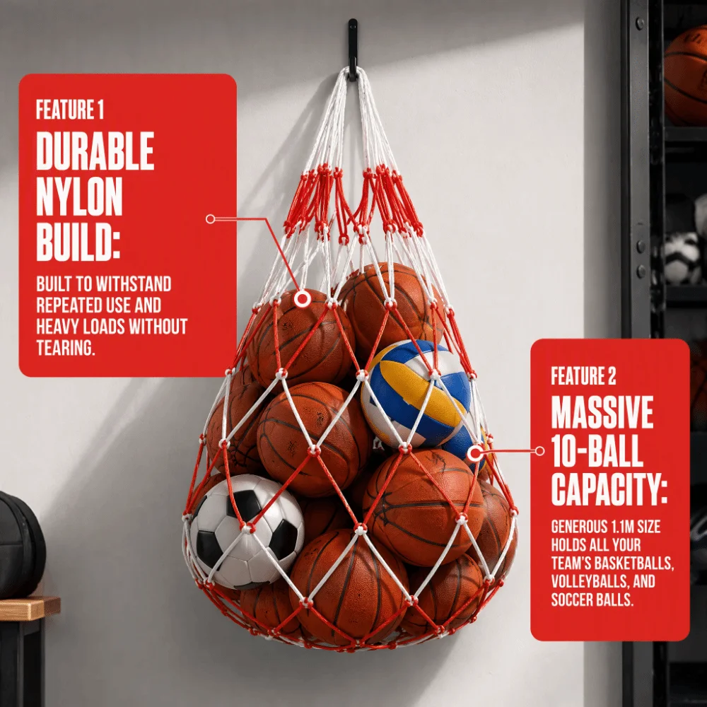 2pcs Nylon Material Sports Ball Net Bag Holds Up To 10 Balls With Carry Handles Ball Storage Net Mesh Weave Structure