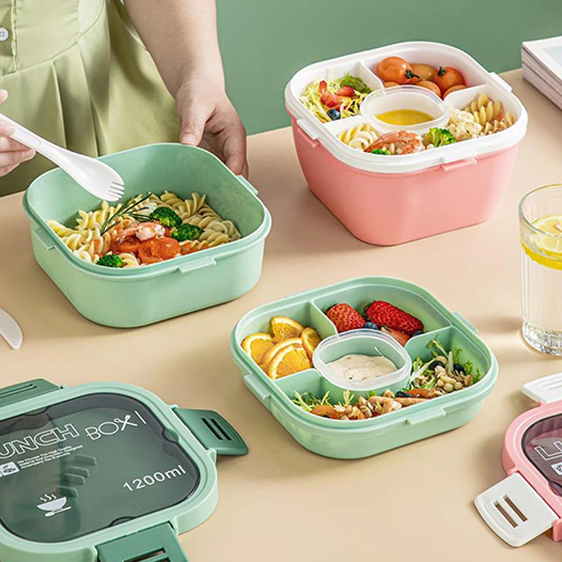 Double Lunch Bento Box With Salad Bowl Microwaveable Large Capacity 4 Grids Sealed Food Storage Box Container Kitchen Organizer