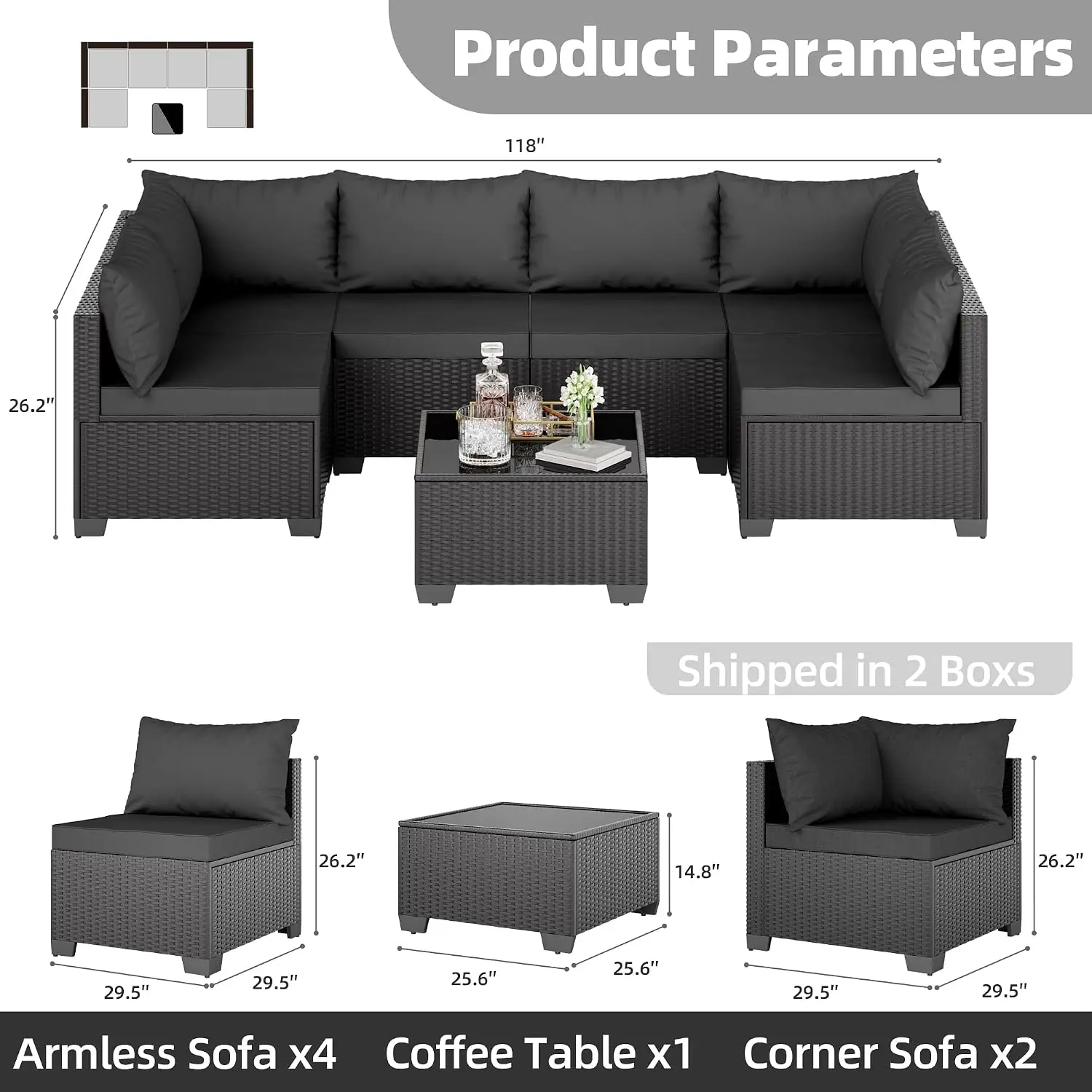 7 Pieces Patio Wicker Sofa Sectional With Cushion & Glass Table For Porch Poolside Backyard, Customized