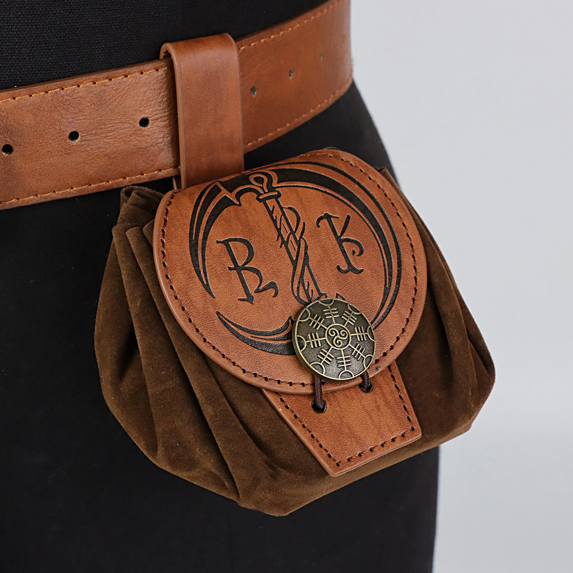 Medieval Viking Belt Pouch Brown PU Leather Drawstring Bag with Norse Rune & Sword Embossing for LARP Renaissance Faire & Cosplay