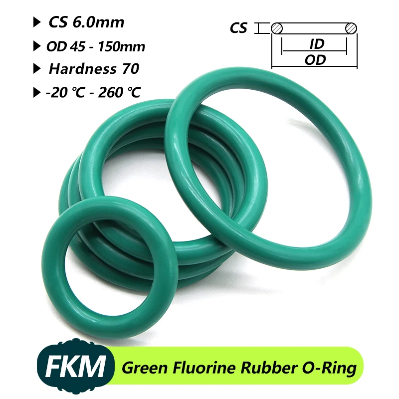 

5/10pcs Green FKM Fluorine Rubber O Ring CS 6mm OD 45mm ~ 150mm Sealing Gasket Insulation Oil High Temperature Resistance O Ring