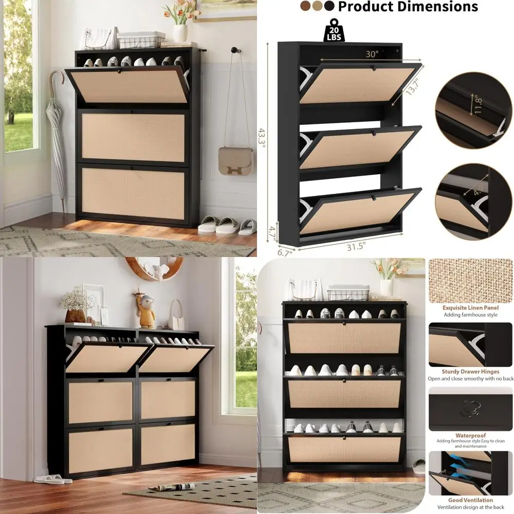Freestanding Slim Shoe Organizer with 3 Linen Door Flip Drawers for Narrow Spaces