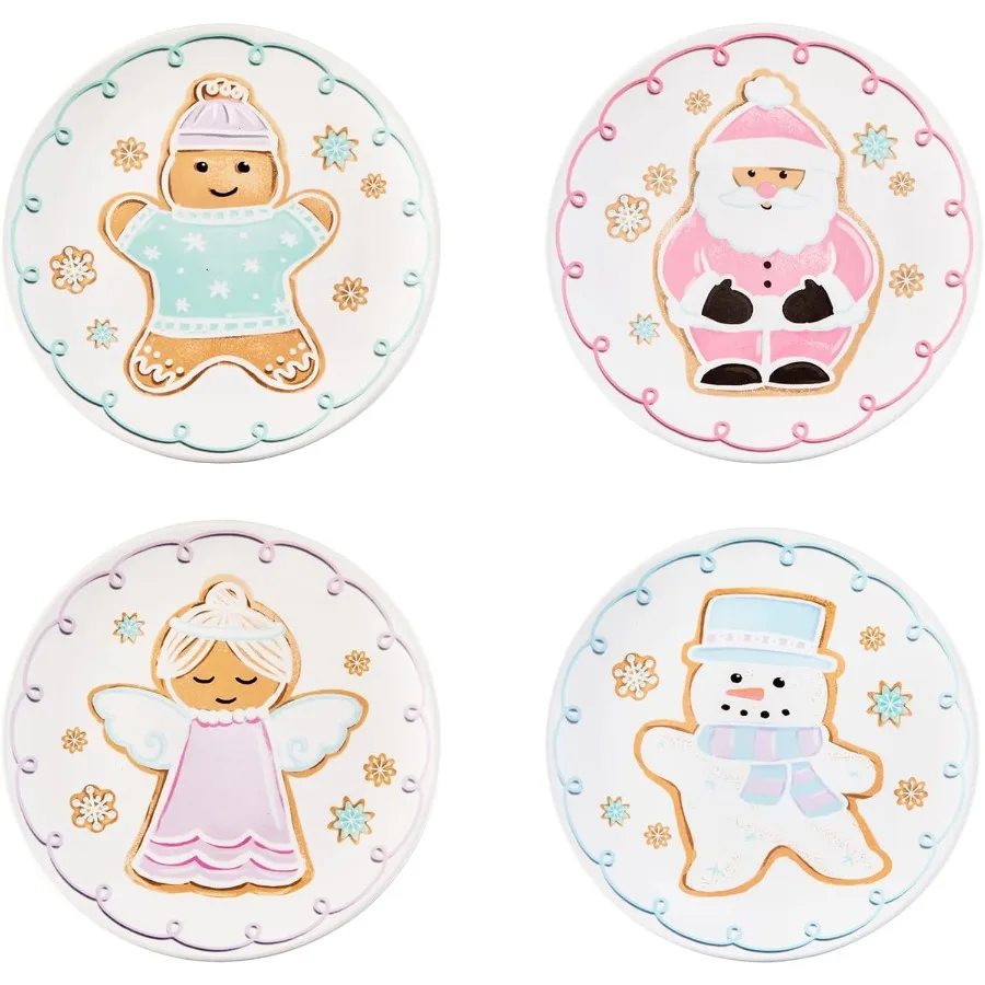 Pastel Gingerbread Man Ceramic Holiday Salad Plates Set of 4 8.75 inch Ideal for Serving Salad Appetizer Tapas Microwave and Di
