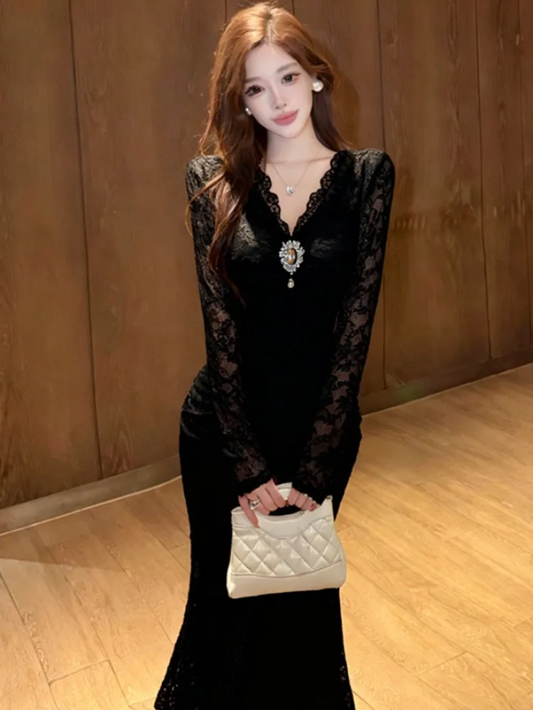 

Ele Unique V-Ne Slim Fit Fi Tail Long Dr Design Sexy Lady Lace Dr mid Waist Gathered H-ape Winter Wear