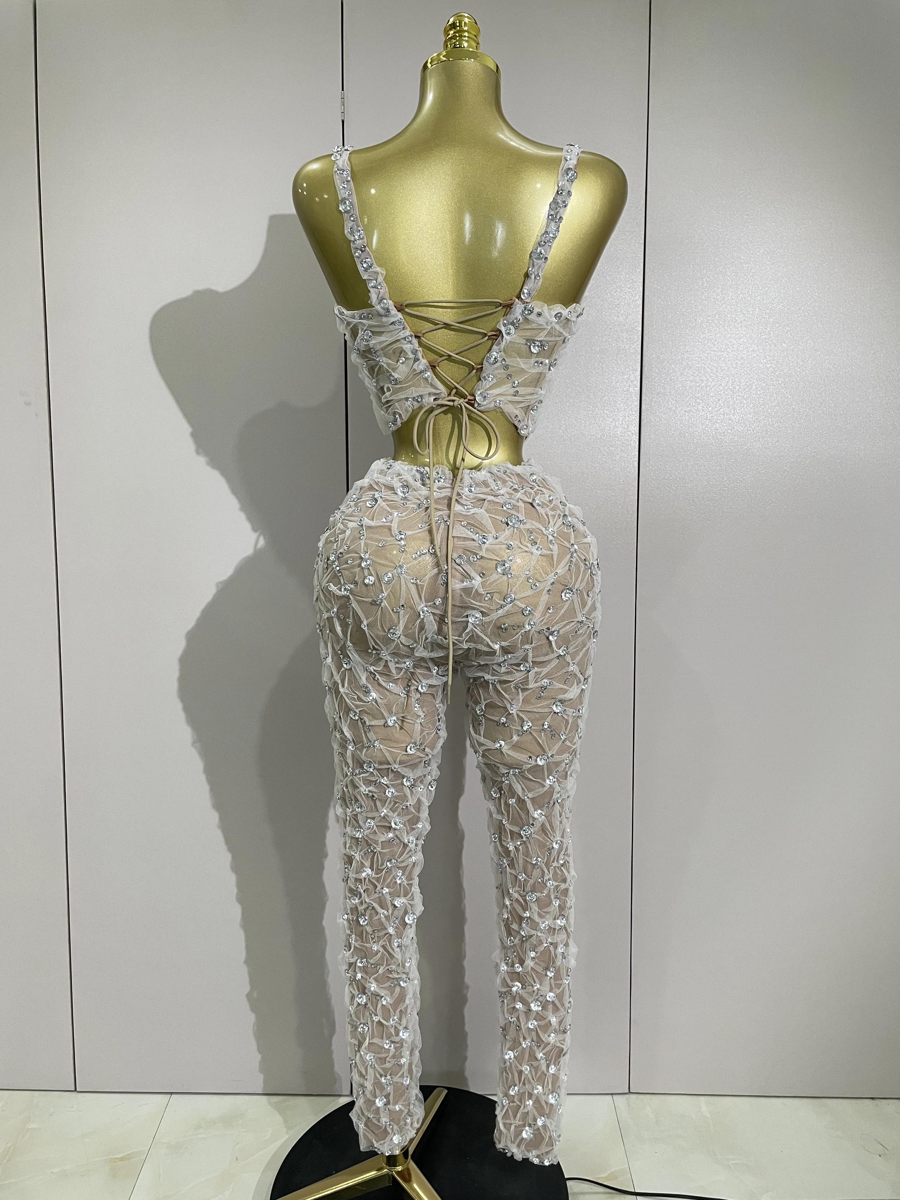 مثير سباركلي الماس الربط الدانتيل الرسن أعلى + السراويل الطويلة قطعتين مجموعة النساء احتفال عيد ميلاد راقصة ملهى ليلي المرحلة زي #3