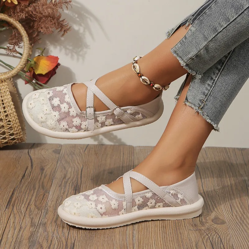 Mesh Basic Flats Round Toe Spring/autumn 2024 High Quality Ladies Shoes Slip-on Flower Concise Flats Sapatos Baixos Femininos