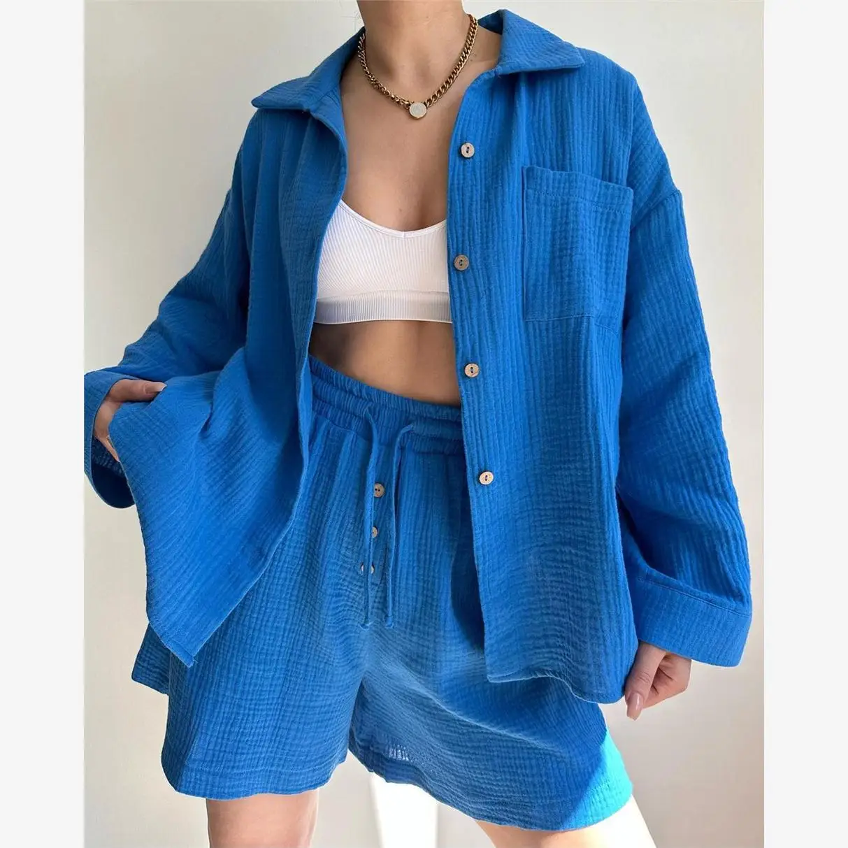 

Women's Faionable Casual Long Sve irt And orts Set Dstring Flip Collar Two Piece Set Polyester Material