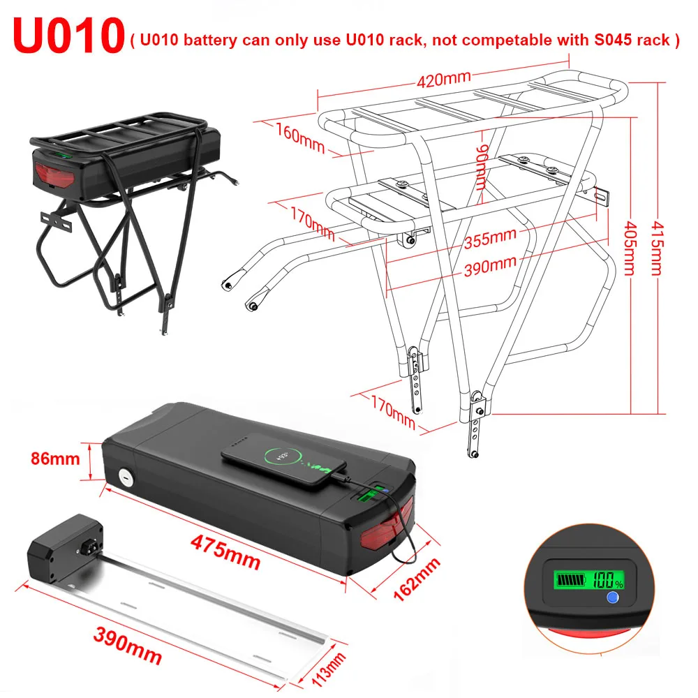 72V 52V 48V 36V Rear Rack eBike Battery 21700 Lithium Pack with Luggage for 2000W 1500W 1000W 750W 500W 24