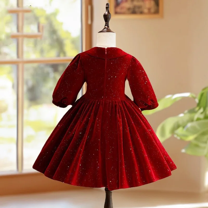 Vestido de baile de lantejoulas de manga longa para meninas, vestido vermelho para crianças, vestidos de festa femininos, traje infantil, 2024