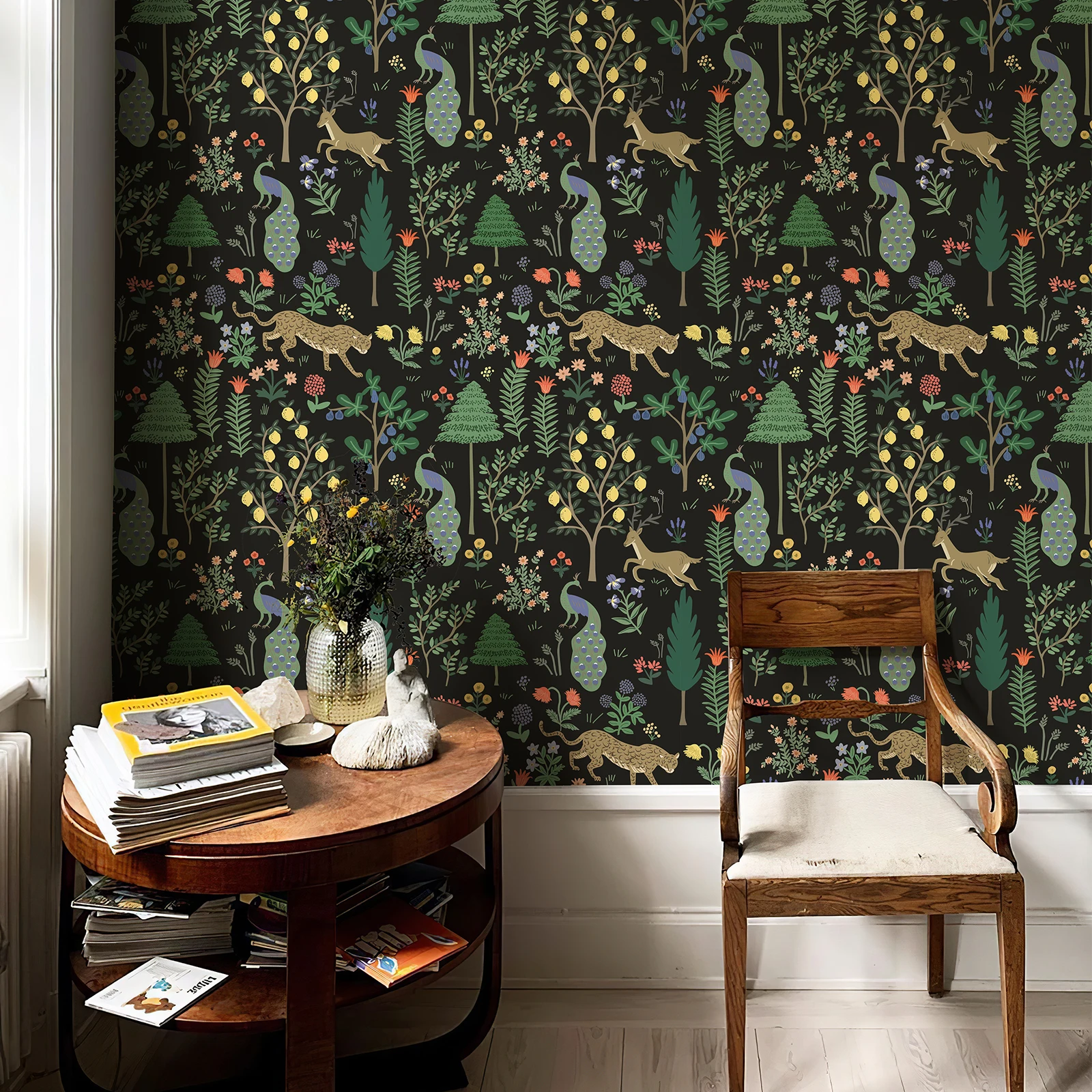 Retro Floral Animal Black Wallpaper Forest Style Leopard Flower Peel And Stick Room Decor Vintage Dark Shic PVC Cabinet Sticker
