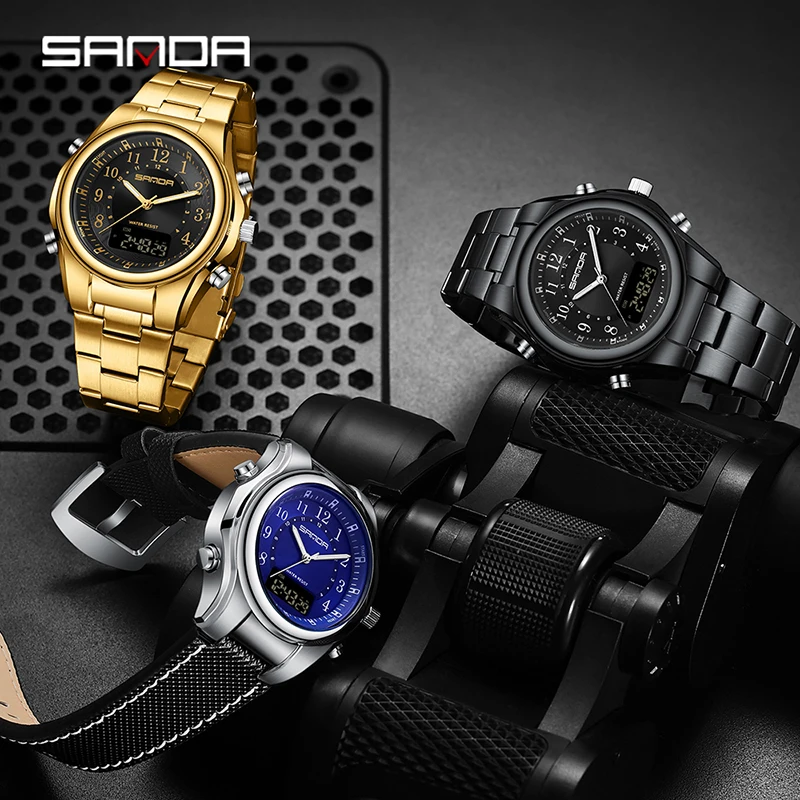 SANDA Fashion Military Watches for Men Luxury Original Sports Chronograph Watch ​Waterproof Quartz Clock LED Digital WristWatch