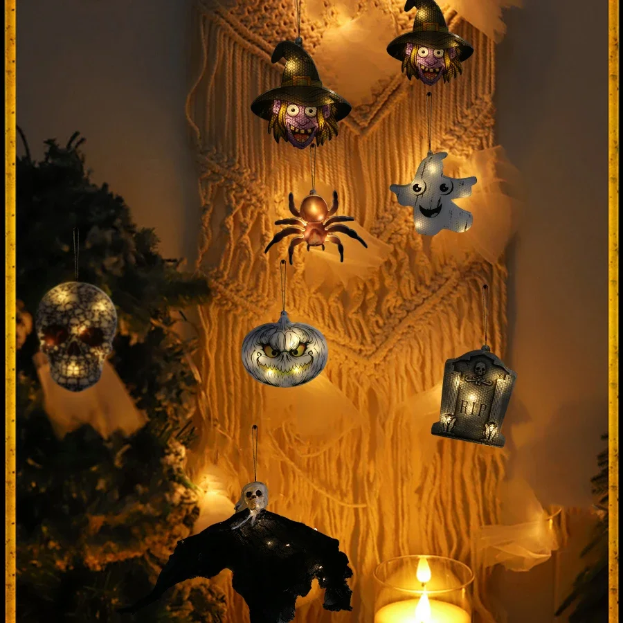 Lampu Led dekorasi Halloween, lampu lentera dekoratif Halloween lampu depan tengkorak iblis, lampu Led Jack-O-lentera dekorasi Halloween, senar lampu