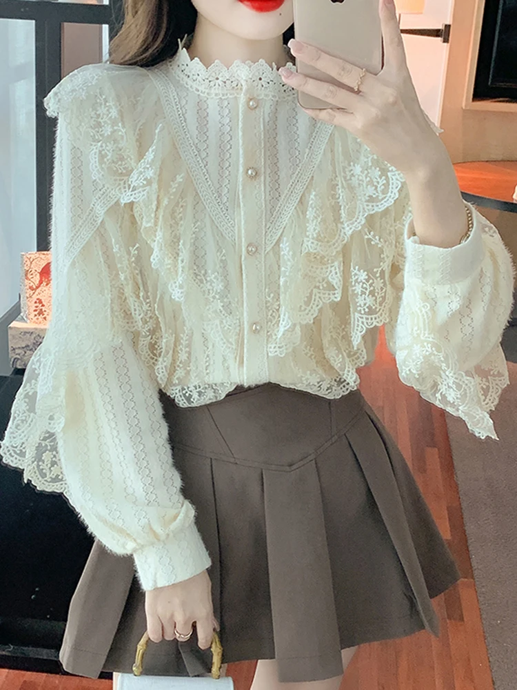 Autumn Korean Sweet Loose Clothes Lace Up Ruffled Women Blouses Fashion Stand Collat Ladies Tops Vintage Lace Shirts Women