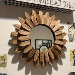 Wooden Wall-mounted Mirror Sunflower Make-up Mirror Creative Round Mirror Bohemian Style Bedroom Decorative Mirror