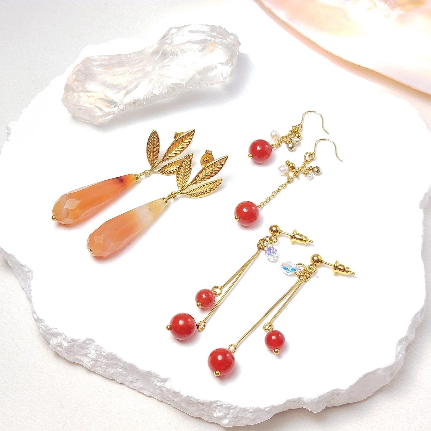 Lii Ji Red Agate Stainless Steel Dangle Earrings Handmade Jewelry