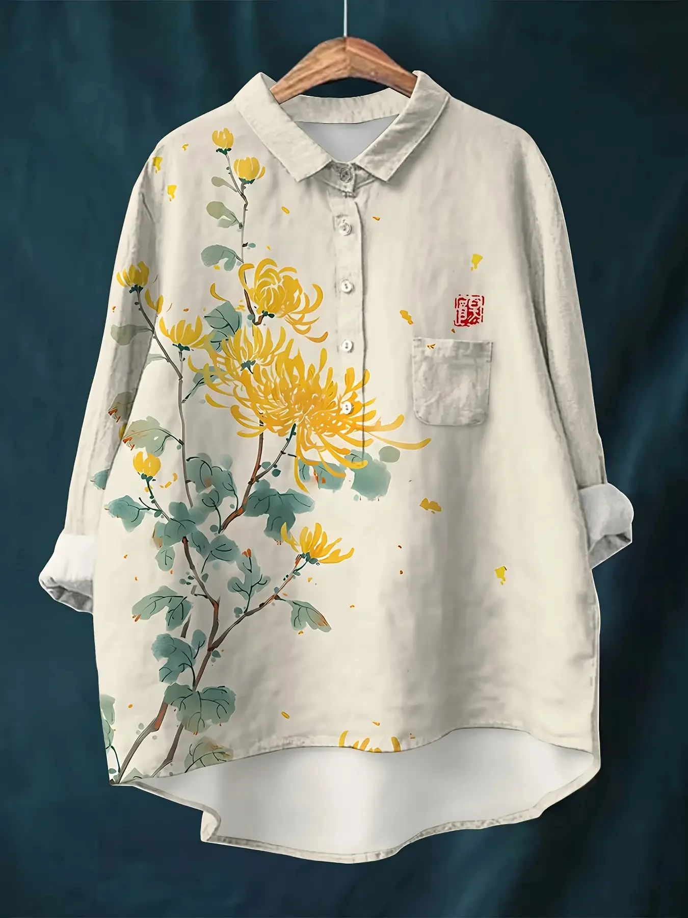 

Ladies' casual loose fit floral printed button up shirt - A top with a pattern similar to the one on the other shore flower