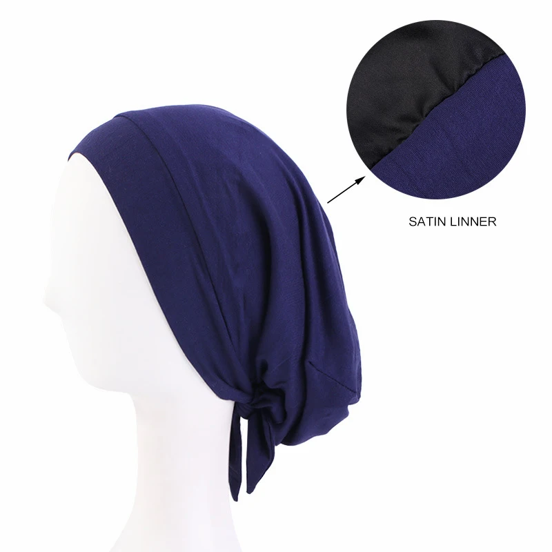New Women Muslim Satin Hijab Cap Pre-Tied Jersey Hijab Cap Elastic Cotton Solid Color Wrap Head Scarf Stretch Turban Underscarf