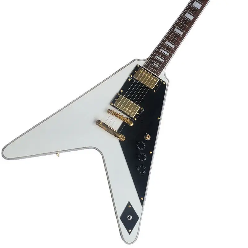 

Natural Mahogany White V Shape 6-string Electric Guitar 24 Frets High-quality Accessories Gold Humbucker Pickups Vibrato System