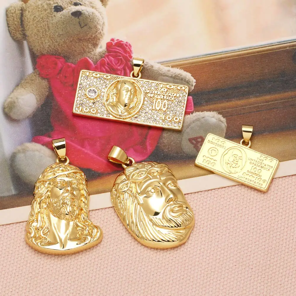 OCESRIO Jesus Piece Head Pendant for Necklace Copper Gold Plated Dollar Bill CZ Hip Hop Charm Jewelry Making Supplies pdta985