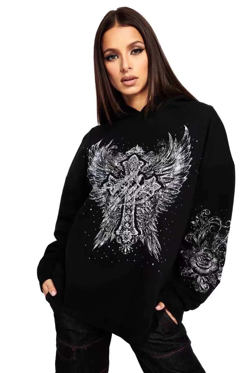 

k Baroque Hoodie Sweatirt with Cross Design And Wings Long Sve Streetwear for Women Loose Fit Autumn