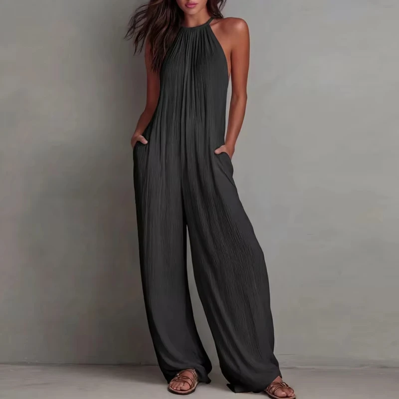 

Women's Halter Sleeveless Jumpsuit New Beach Vacation Textured Overalls with Pockets Wide Leg Romper Casual Spring Summer Outfit