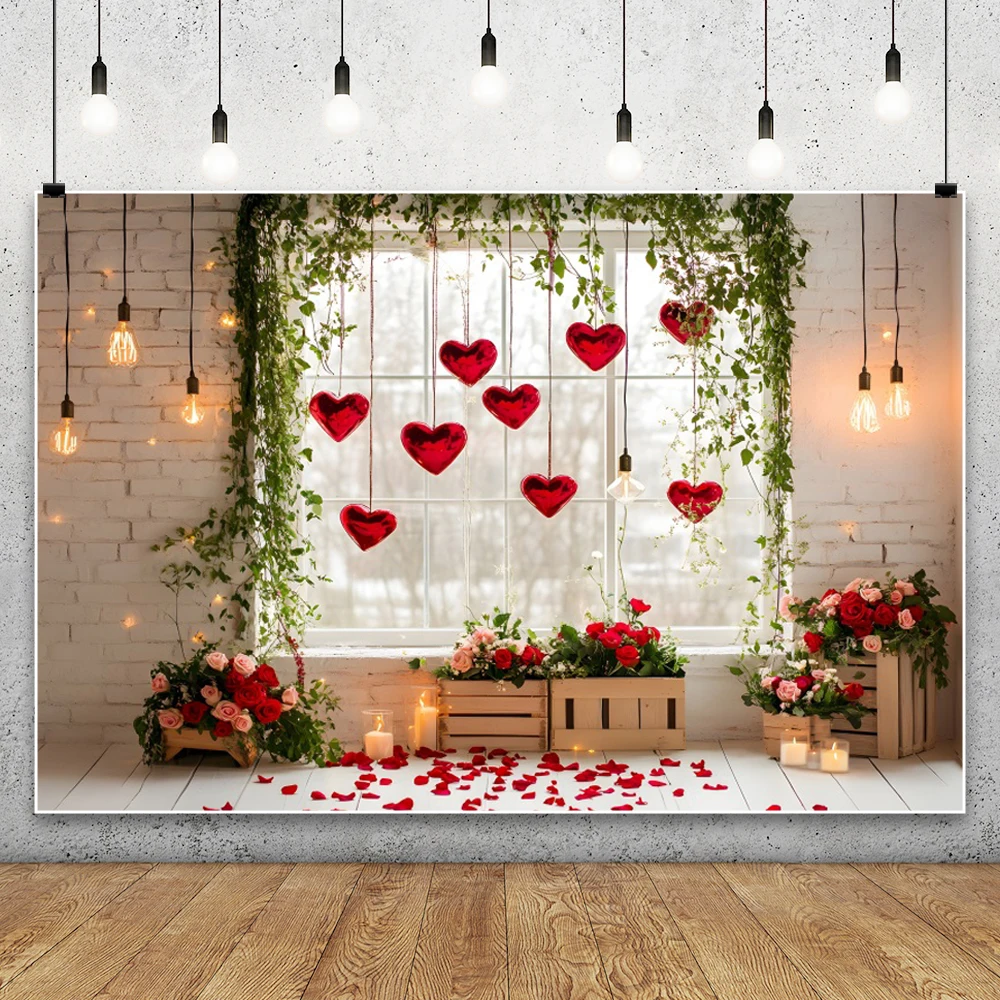 February 14 Valentine's Day Backdrop Photography Window Rose Love Heart Couple Photo Photographic Party Background Photo Studio