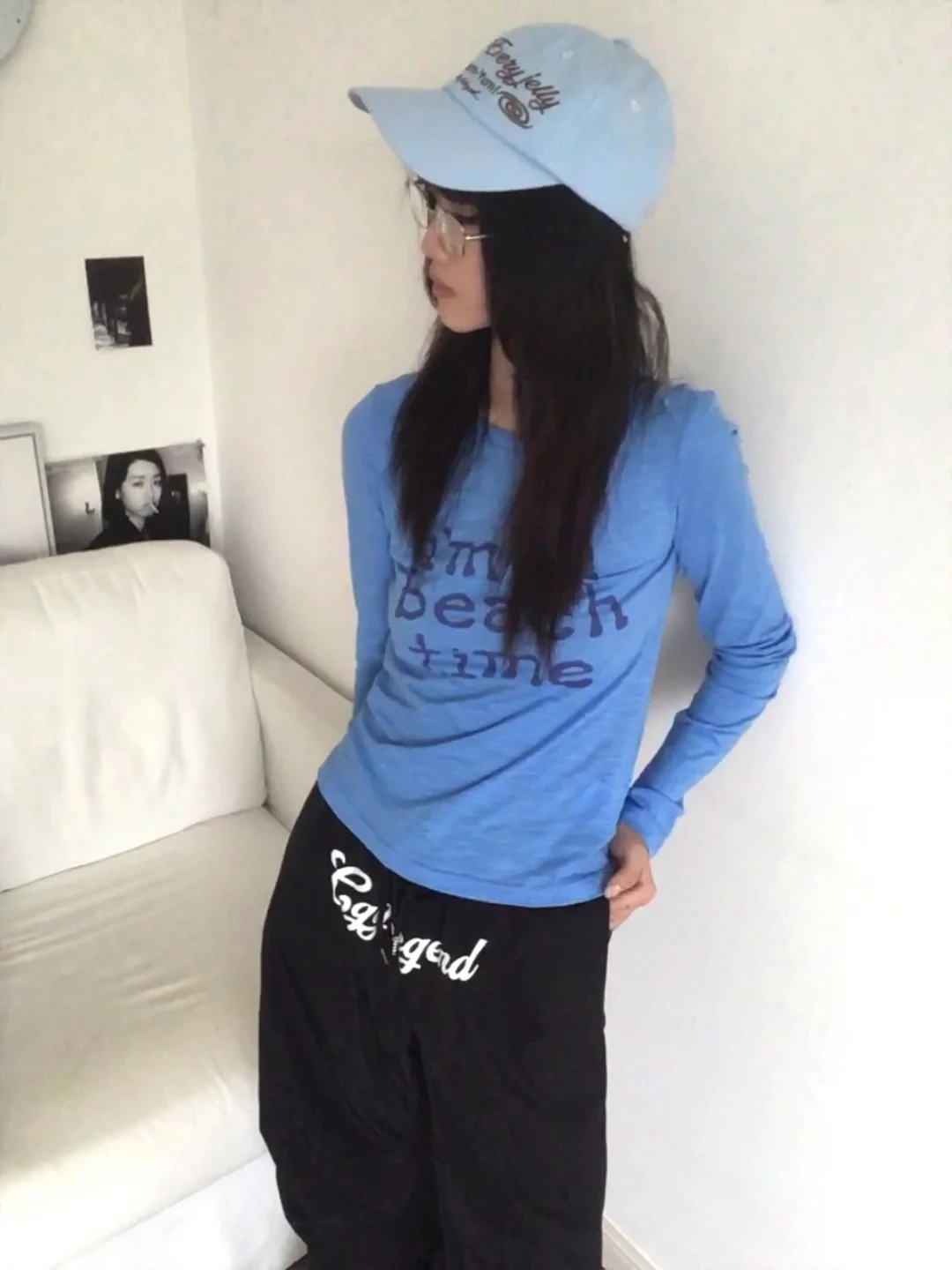 Tonngirls Harajuku Print Letter T-shirt Women Long Sleeve Blue Tee Tops Y2k Vintage Grunge Tops 2000s Japanese Streetwear Tshirt