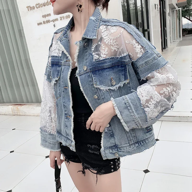 

High Quality 2024 Autumn Fashion Joker Lace Stitching Perspective Loose Denim Jacket Long Sleeve Large Size Ladies Denim Coat