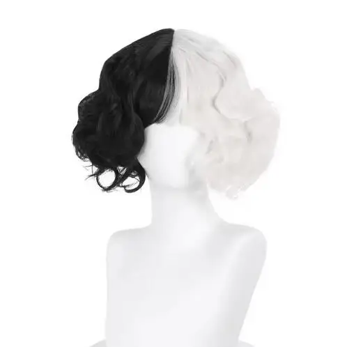 Nuovo film Crudelia parrucche metà nero metà latte bianco corto riccio capelli resistenti al calore Crudelia de Vil parrucca cosplay + cappuccio parrucca