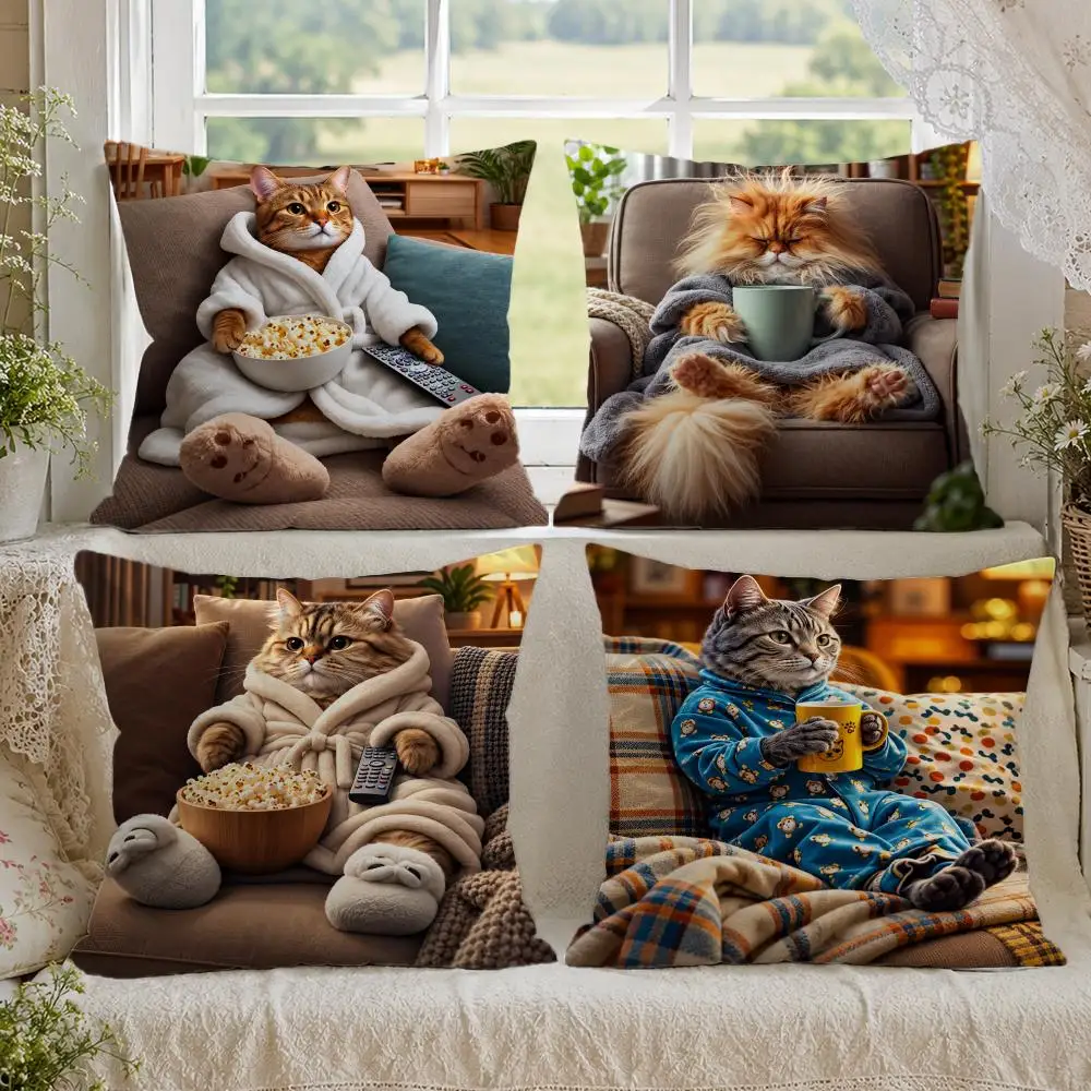 Cute Cats Lazy Holiday Night Cushion Cover 1/4PCS Linen Sofa Couch Bedroom Living Room Home Decor Pillow Case