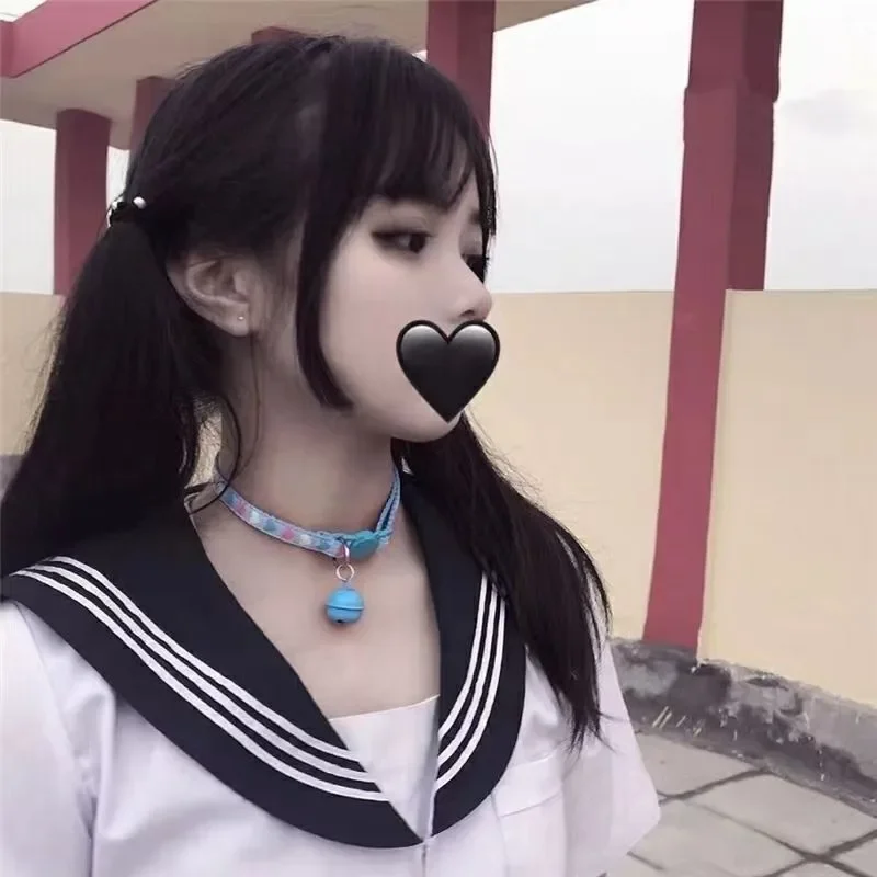 Lolita Girls Cute Cartoon Heart Print Bell Necklace Adjustable Collars JK Uniform Kawaii Chokers Women Punk Torques Jewelry Gift