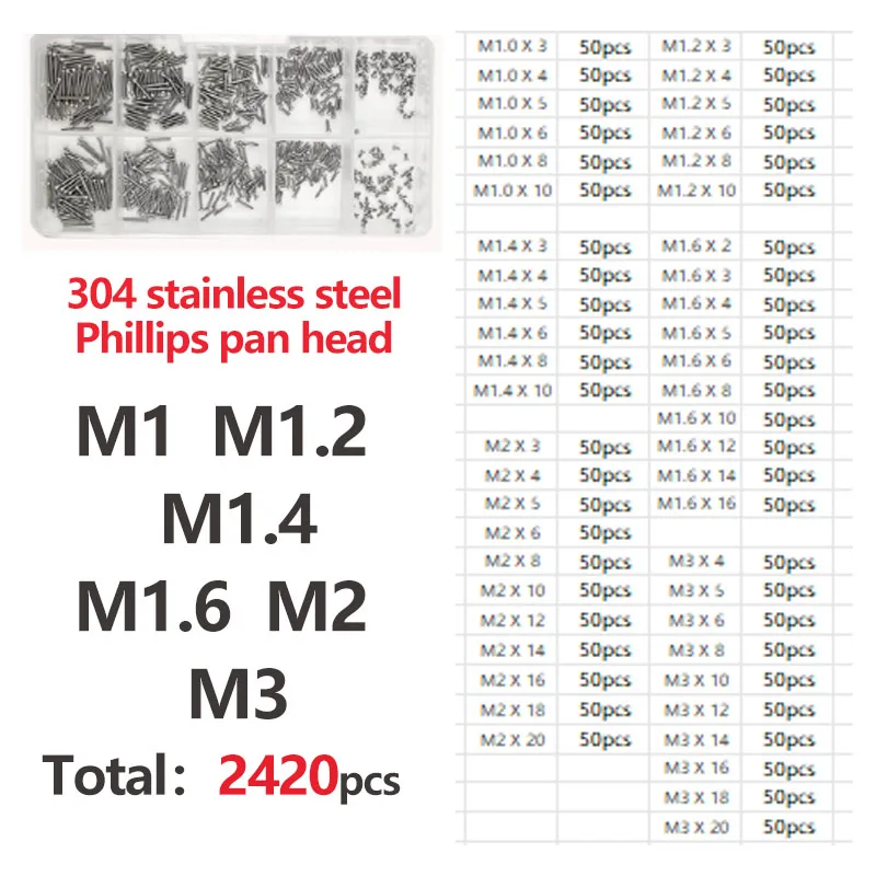304 Stainless Steel Cross Round Pan Head Phillips Machine Screw Button Head Cap Cross Bolt M1 M1.2 M1.4 M1.6 M2 M3