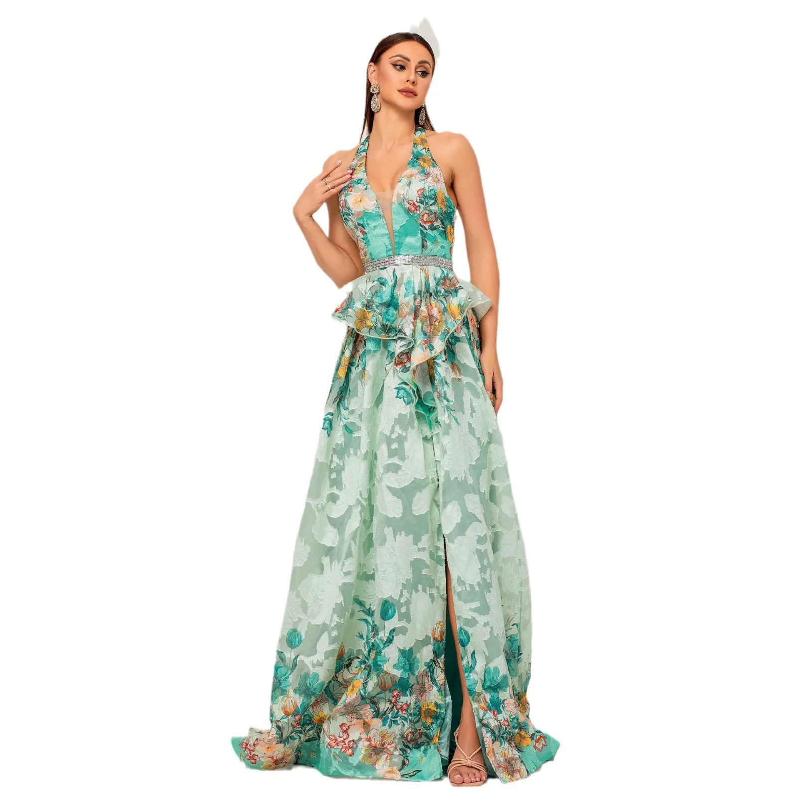 الراقية V-Ne طويل الطابق طول الزفاف الدكتور ثوب مسائي الإنتاج الصيني عالية الخصر البوليستر النسيج لحفل الزفاف و P...