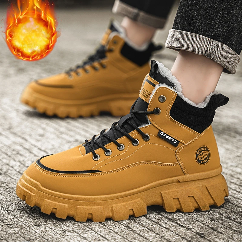 

Men's Boots 2025 Winter Plush Thick Soled Lace Up Workwear Shoes Trendy Cold Proof Warm Cotton Short Boot Lace Botas Para Hombre