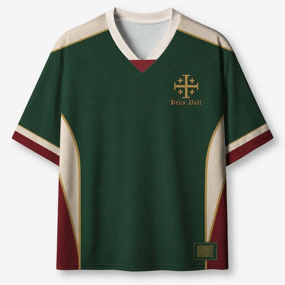 V-Neck Mesh Short Sleeve Shirt, Deus Vult Jerusalem Cross Green Gold Print Casual Athletic Top, Retro Sports Tee