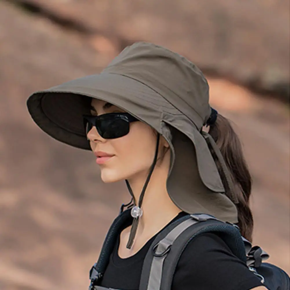 Summer Bucket Hats Wide Brim Shawl Design Adjustable Windproof Rope Fisherman Hat Women Lightweight Ponytail Hole Visor Hat 모자