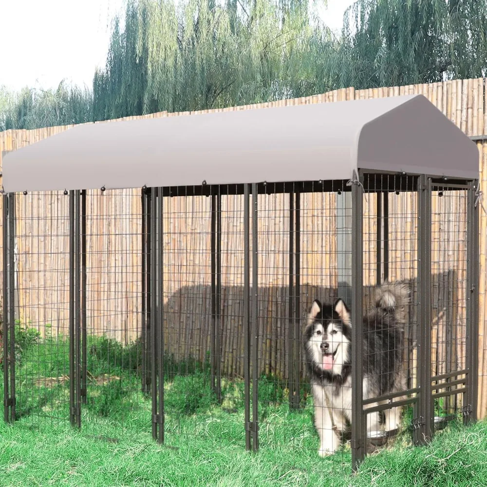 Dog Kennel Outdoor, 8' x 6' x 4' Dog Kennel Large, Dog Kennel w/Rotate Feeding Doors, Upgraded Canopy for Yard