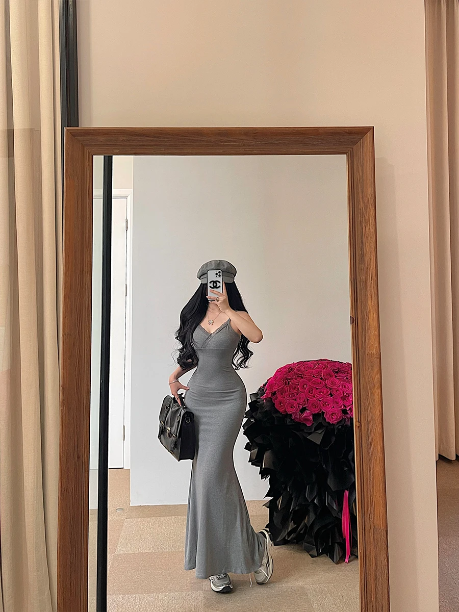 YoungGirlDay Pure Desire Sexy V-neck Slim Fit Bodycon Fish Tail Lace Trim Strapless Long Dress Women's Summer Cotton Dress
