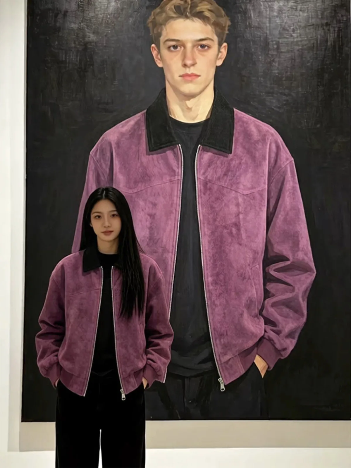 Purple Dyed PU Leather Jacket Men's Short Collar Patchwork Baseball Uniform Cleanfit Workwear Outerwear Casual Style