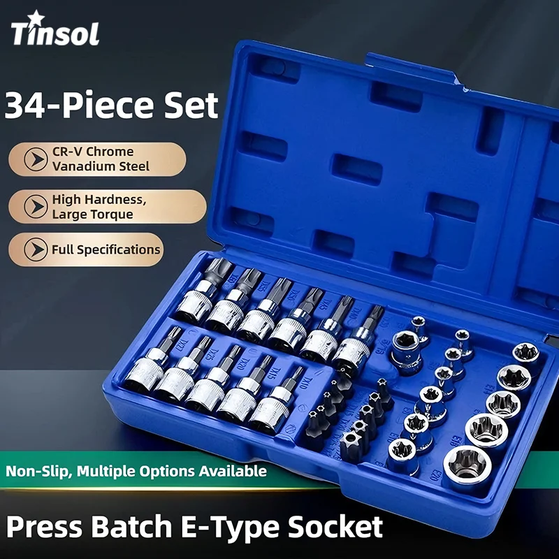 

TINSOL Набор торцевых ключей с храповым механизмом, 34 предмета, привод с храповым ключом 3/8 дюйма, набор шестигранных винтов, набор звездочек E-типа