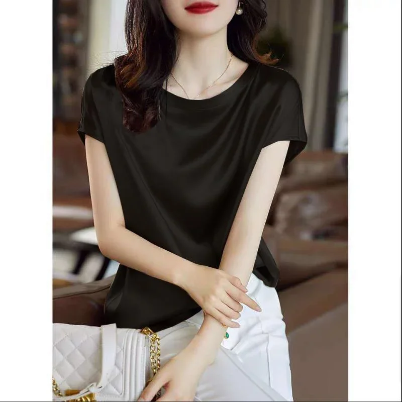 S-4XL Solid Silk Thin Short Sleeve Tees Slip Woman Summer Clothes Elegant Black Brown Tops Solid Loose Casual Korean Style