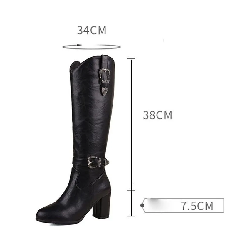 

ORCHA LISA British Style Women's Knee High Riding Boots Round Toe 7.5cm Block Heel Zipper Belt Buckle Plus Size 51-52 Fashion